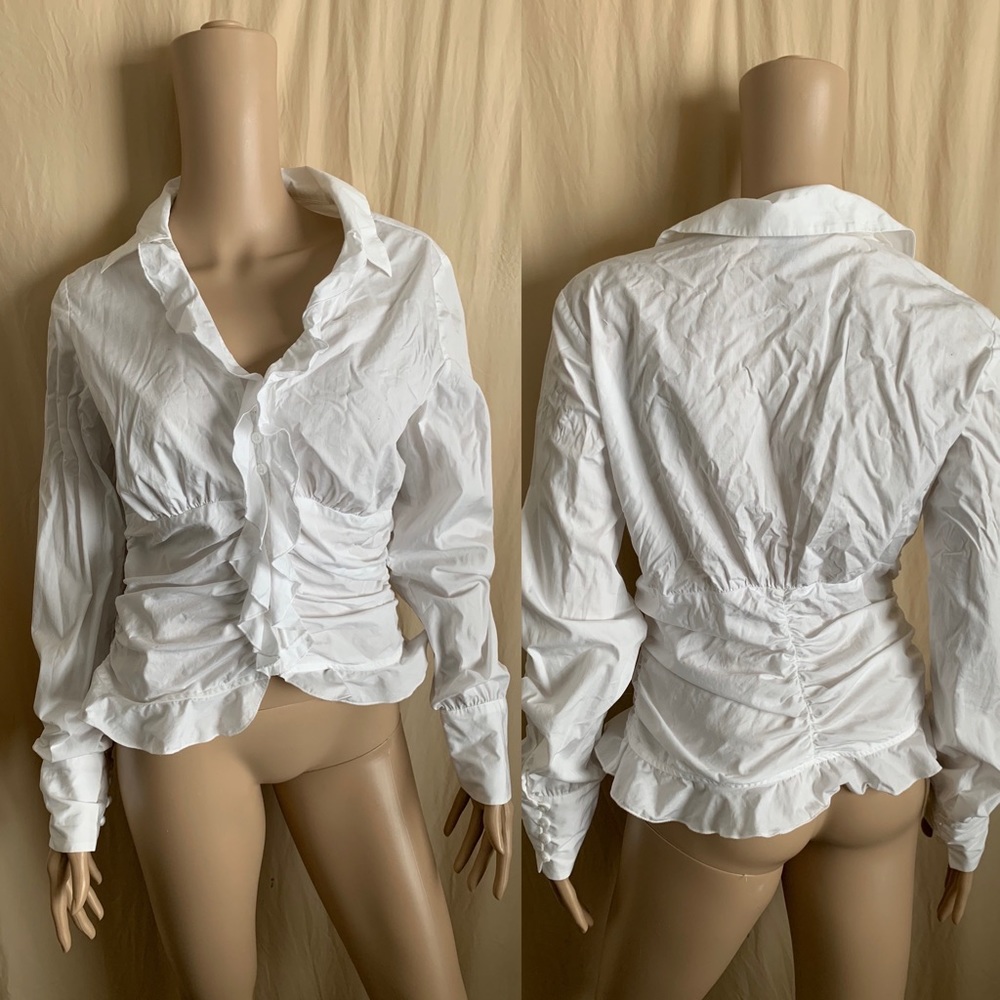 Vintage Y2K Boston proper white ruched ruffle business casual style blouse